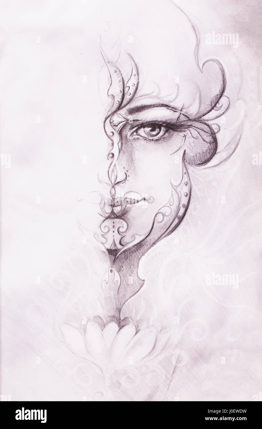 Mystic donna con ornamento sul viso. disegno a matita su carta vecchia.  Effetto colore Foto stock - Alamy