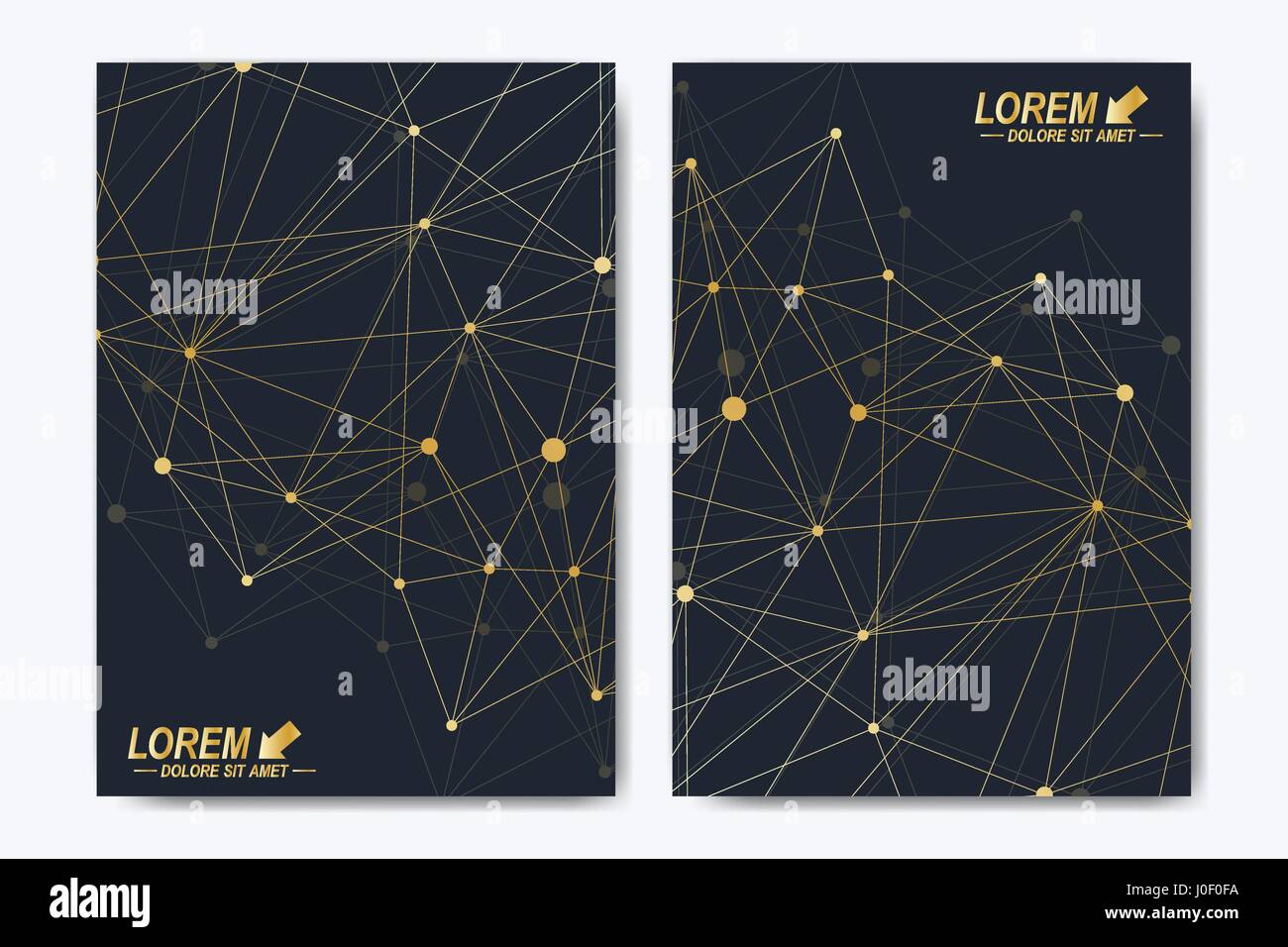 Template vettoriale per brochure, depliant, volantini, annunci pubblicitari e coperchio, catalogo, rivista o relazione annuale. Sfondo geometrico molecola e comunicazione. Golden punti cibernetici. Plesso linee. Superficie della scheda. Illustrazione Vettoriale