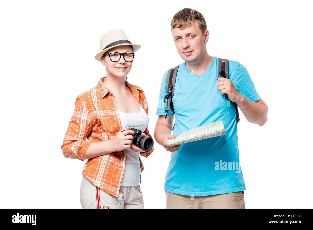 Fotografo e turistico con uno zaino su sfondo bianco Foto Stock