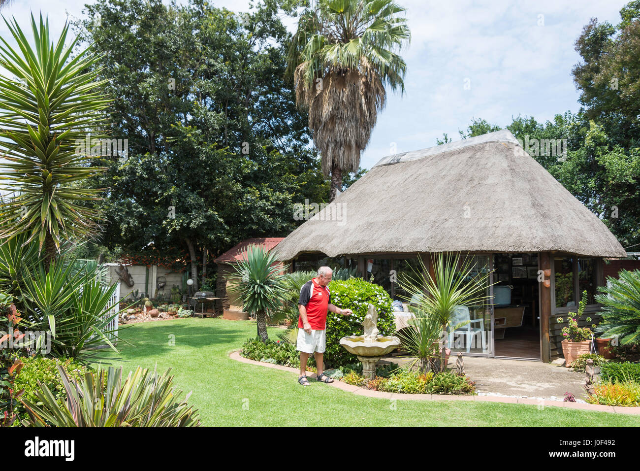 Con il tetto di paglia lapa edificio nel giardino di casa suburbana, Selcourt, molle, East Rand, provincia di Gauteng, Repubblica del Sud Africa Foto Stock