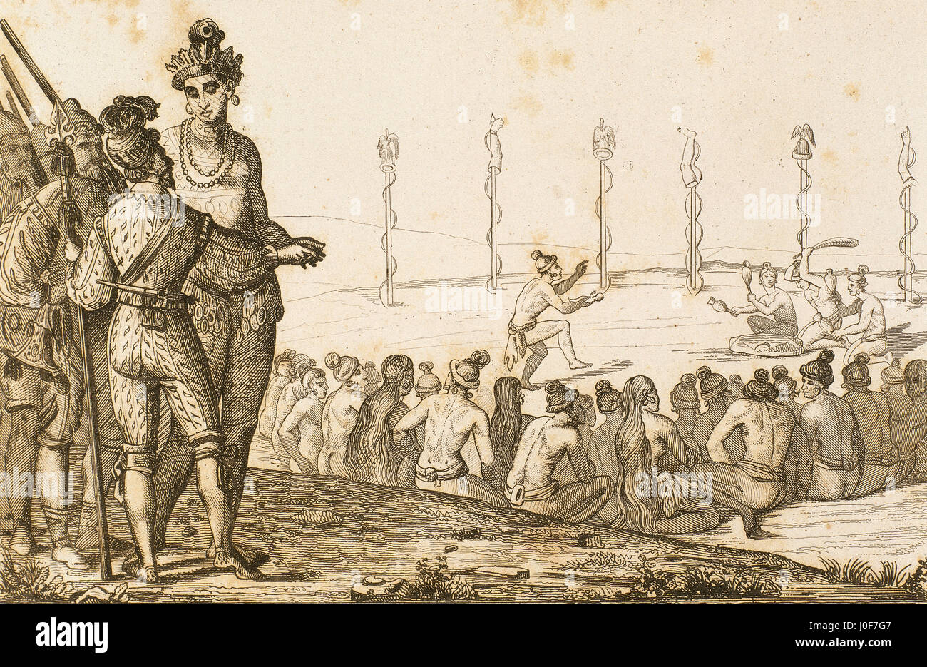 American Indian warriors. Il XVI secolo. I trofei e cerimonie dopo una vittoria. Rituale. Incisione, 1841. Foto Stock