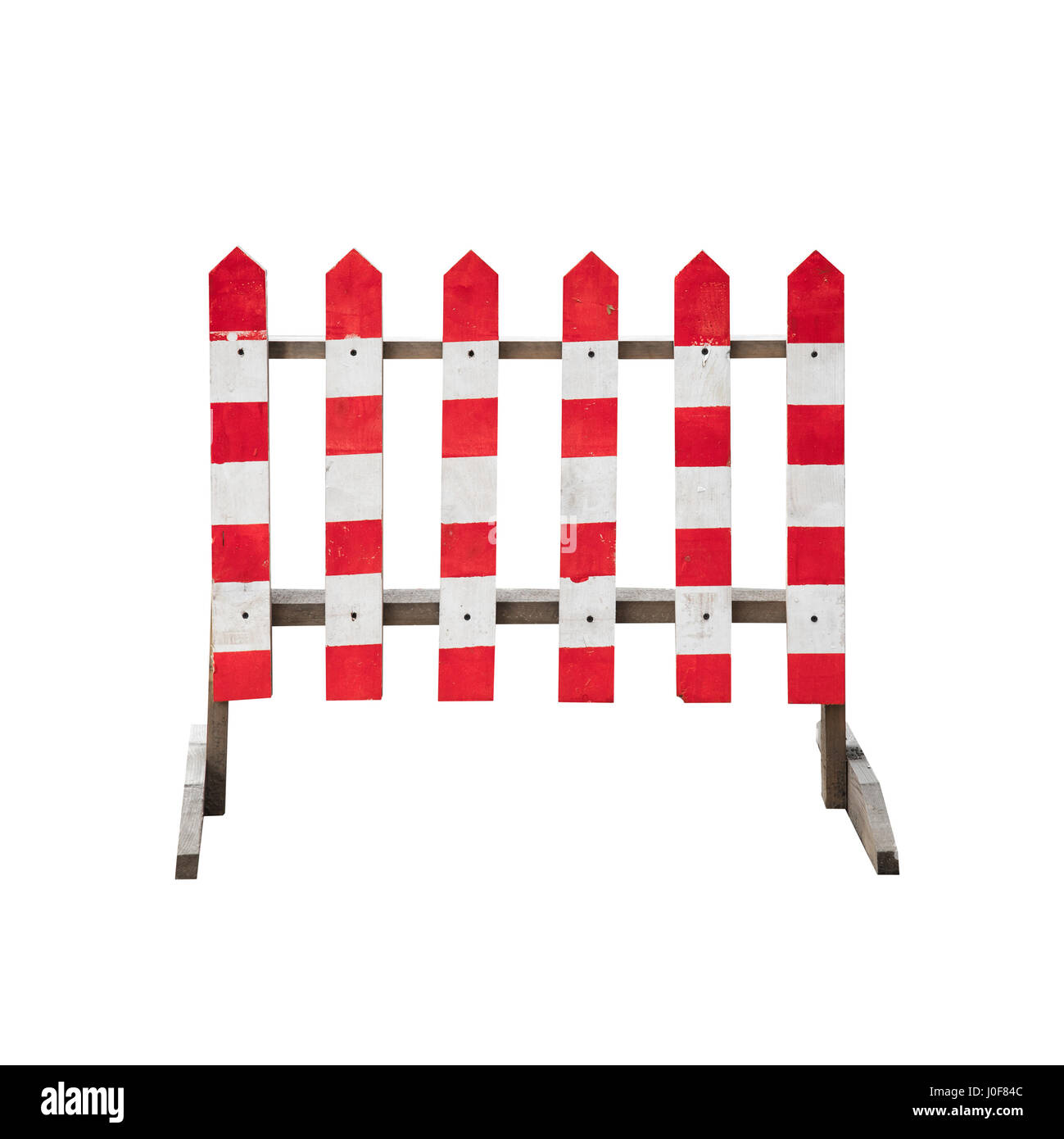 Attenzione striato rosso bianco staccionata in legno isolato su sfondo bianco Foto Stock