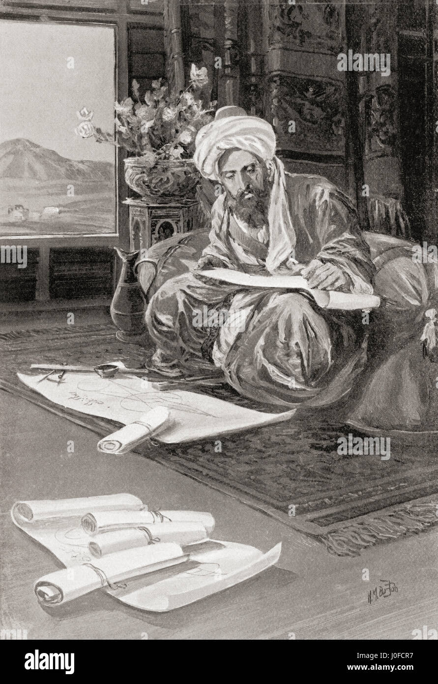 Omar Khayyám lavora il calendario 1074AD. Omar Khayyám, 1048 – 1131. Polymath persiano, studioso, matematico, astronomo, filosofo e poeta. Dopo il dipinto di H.M. Burton. Dalla Storia delle Nazioni di Hutchinson, pubblicato nel 1915 Foto Stock