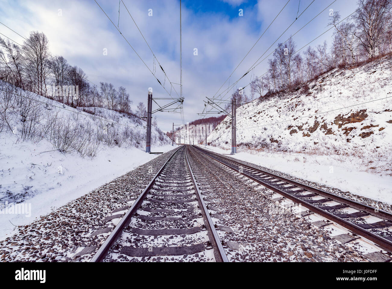 Vista invernale di Trans Siberian railway. La Russia. Foto Stock