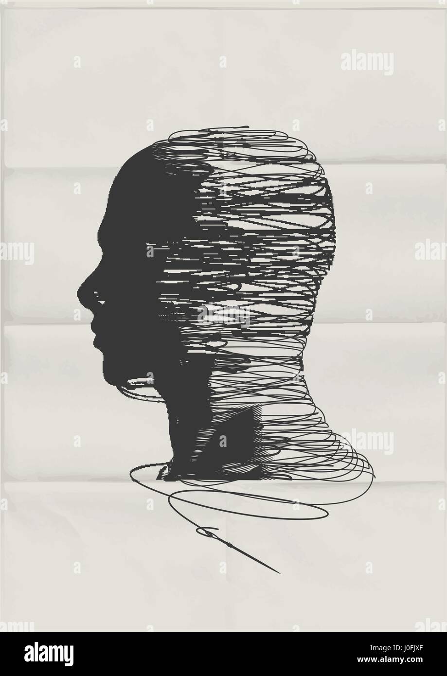 La mente umana. La forma della testa dell'uomo impigliato con filettature di stringa - Salute mentale concetto. Illustrazione Vettoriale
