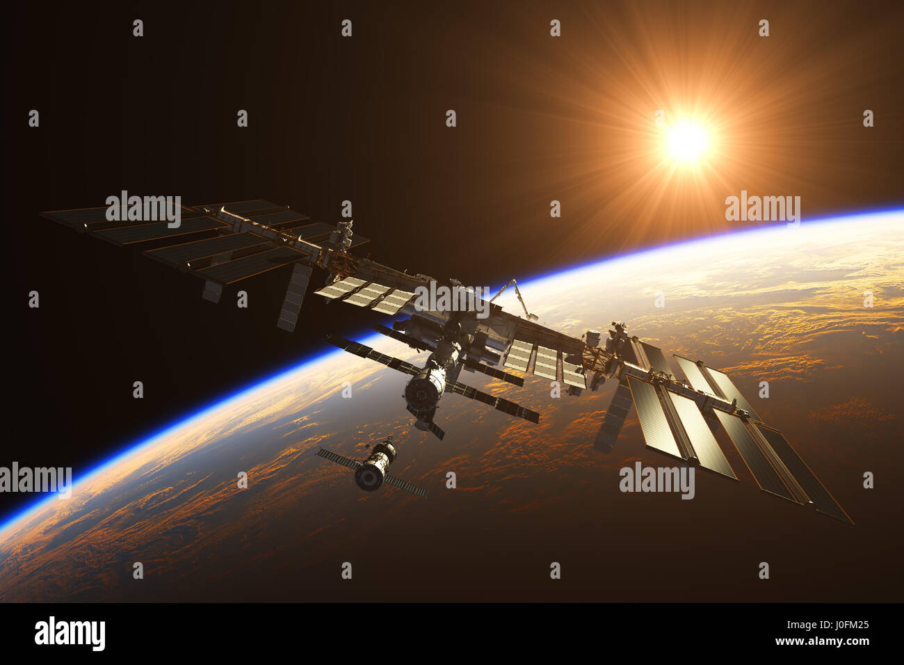 Stazione spaziale internazionale sullo sfondo del Sol Levante. 3D'illustrazione. Foto Stock