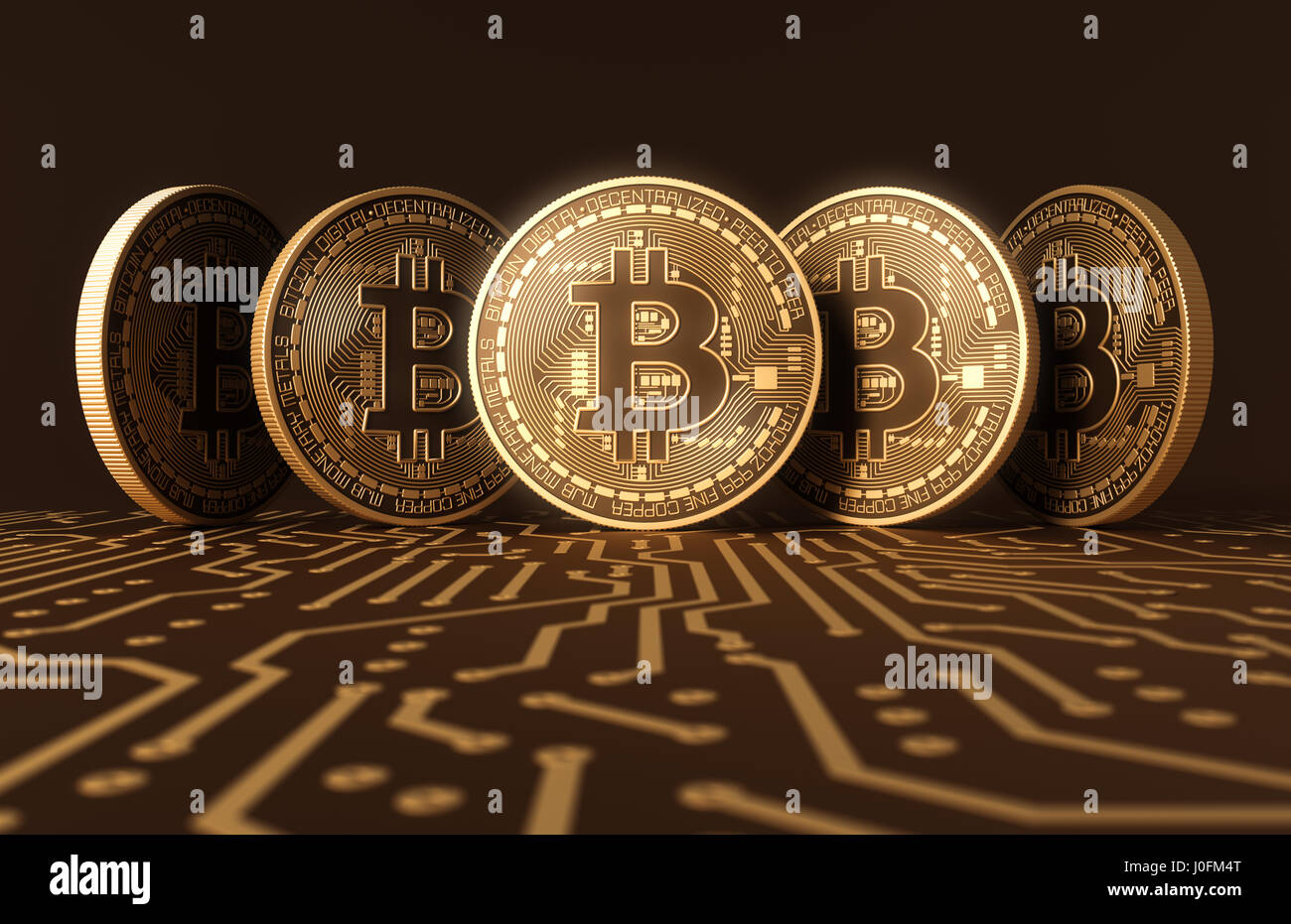 Cinque monete virtuali Bitcoins sulla scheda a circuito stampato. 3D'illustrazione. Foto Stock