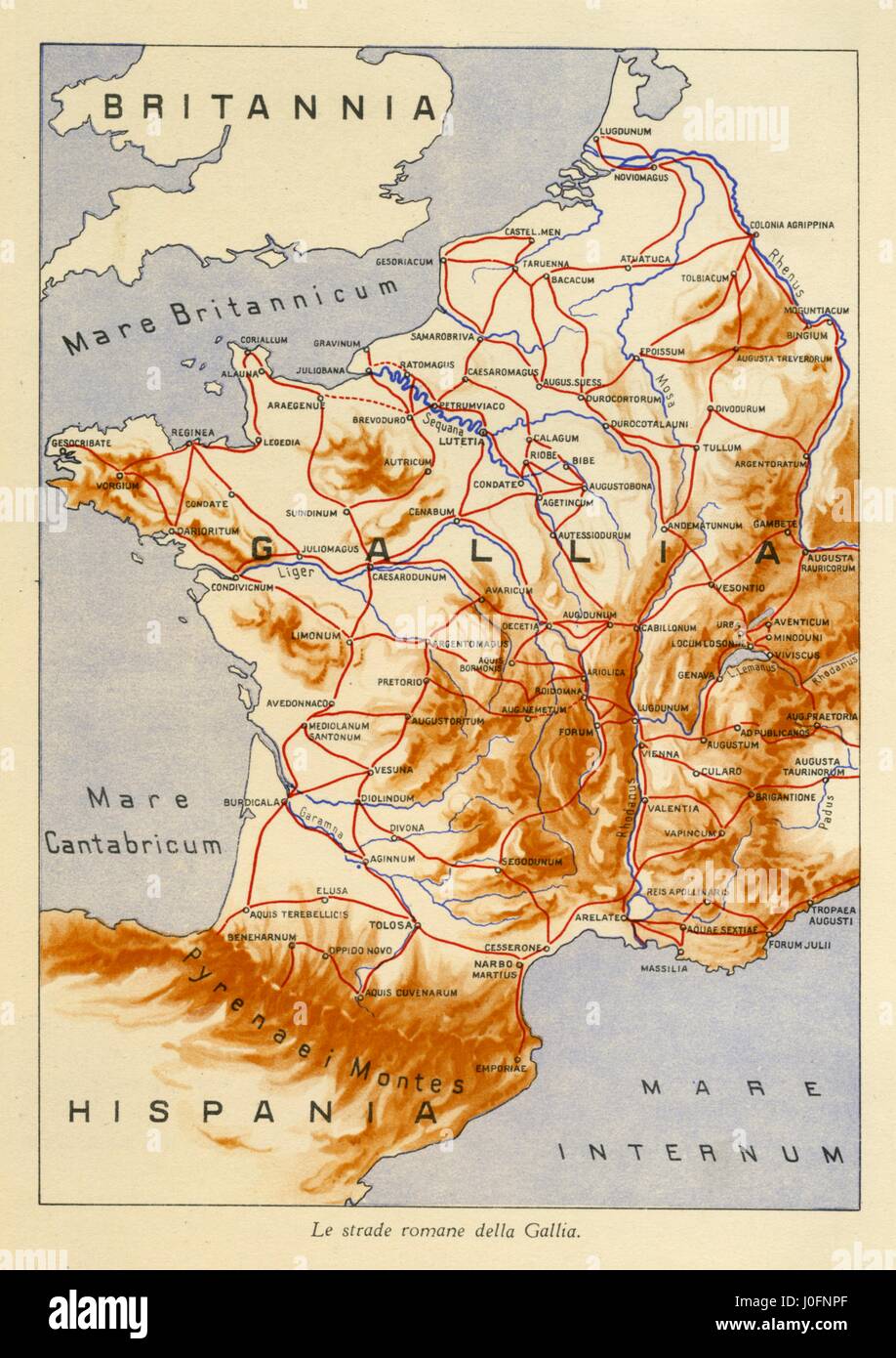 Mappa che mostra le strade romane della Gallia Foto Stock