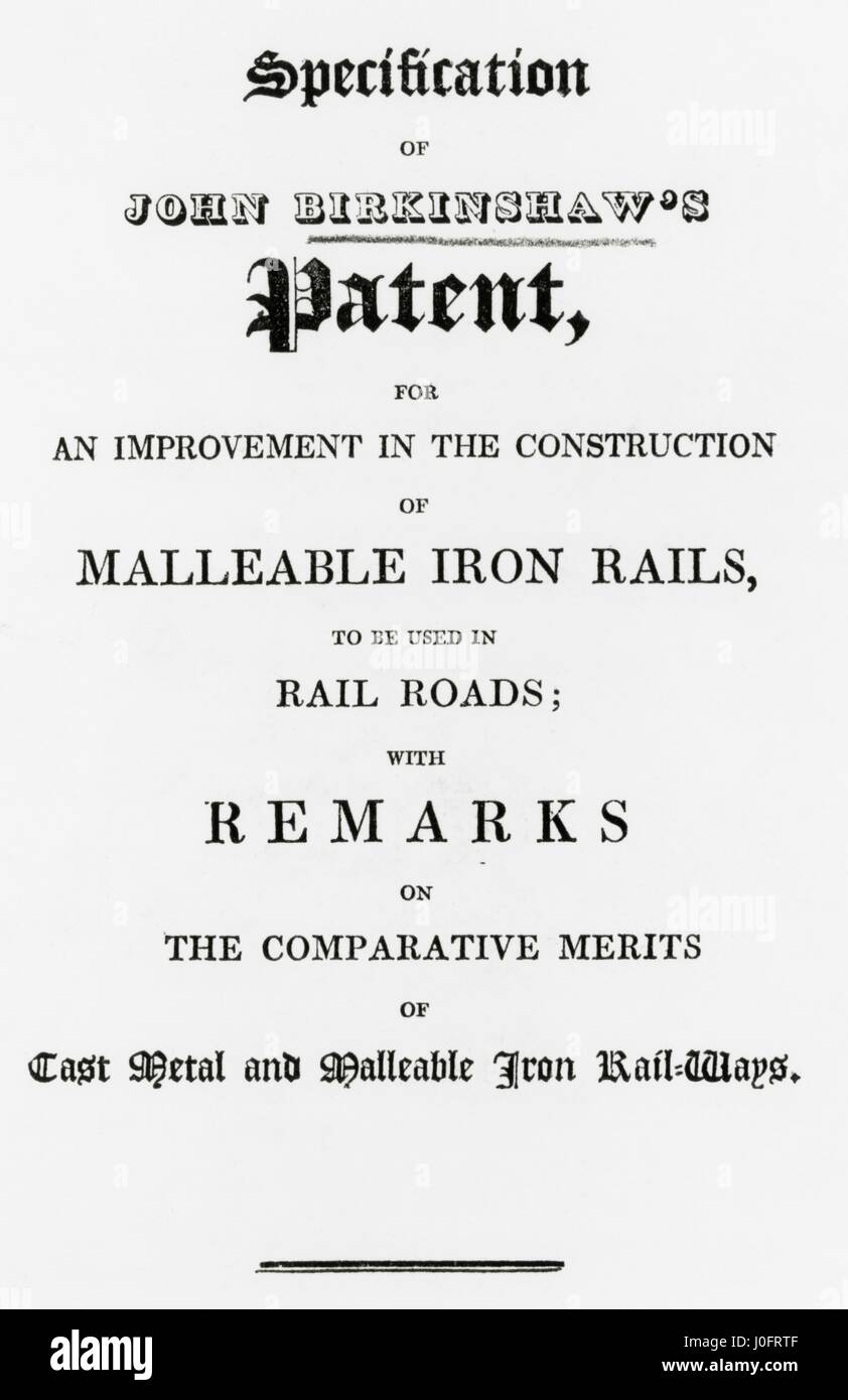 Specifica di Birkinshaw il brevetto per un miglioramento nella costruzione di ferro malleabile rotaie Foto Stock