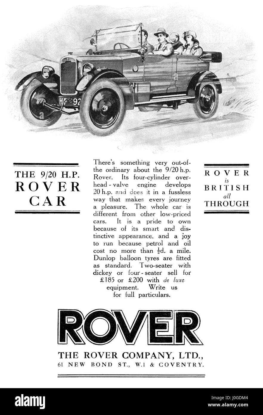 1925 British pubblicità per 9/20 H.P. Rover Auto. Foto Stock