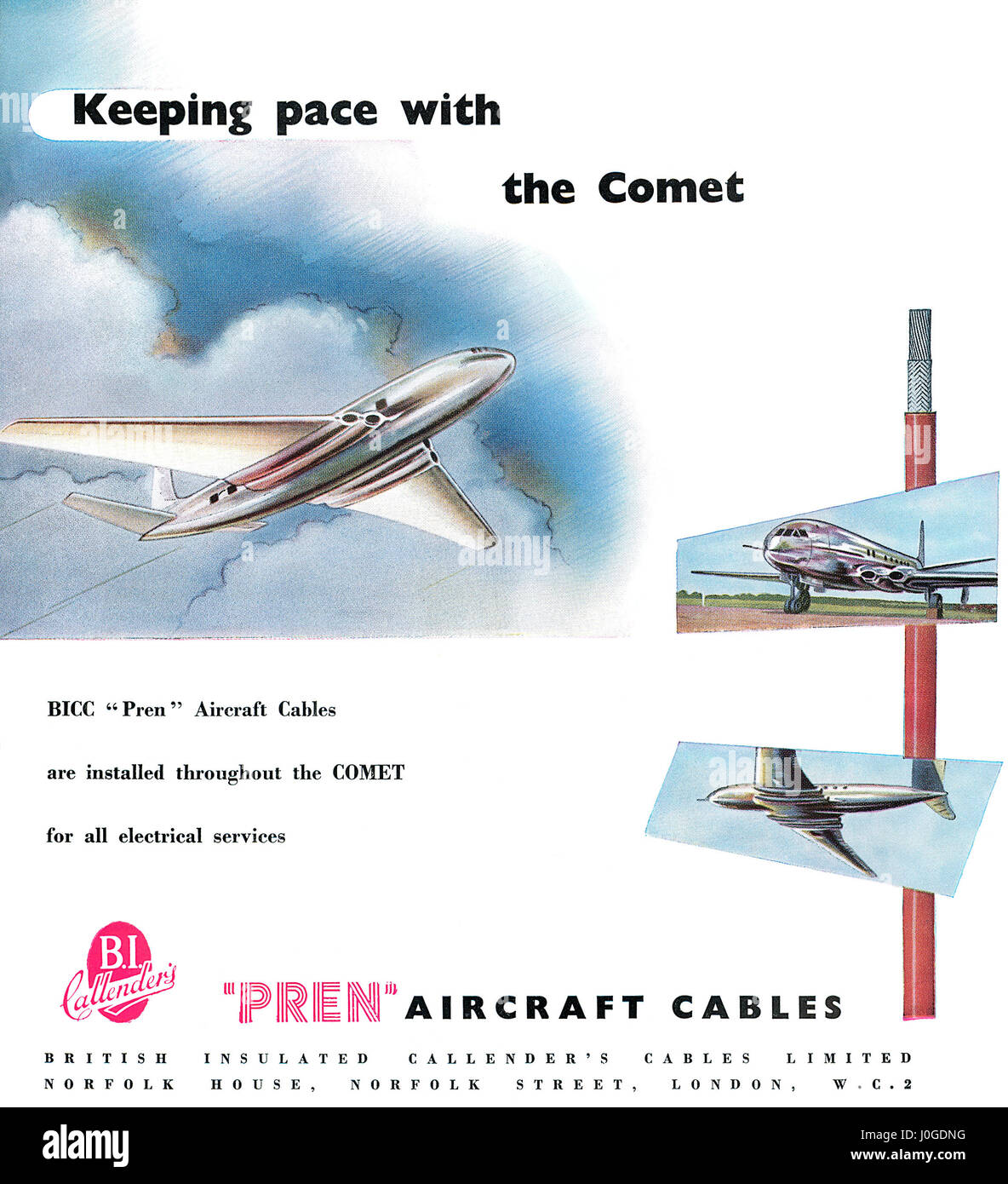 1950 British pubblicità per pren Cavi aerei da B.I. Calandra i cavi della limitata, come usato nel de Havilland Comet aereo jet. Foto Stock