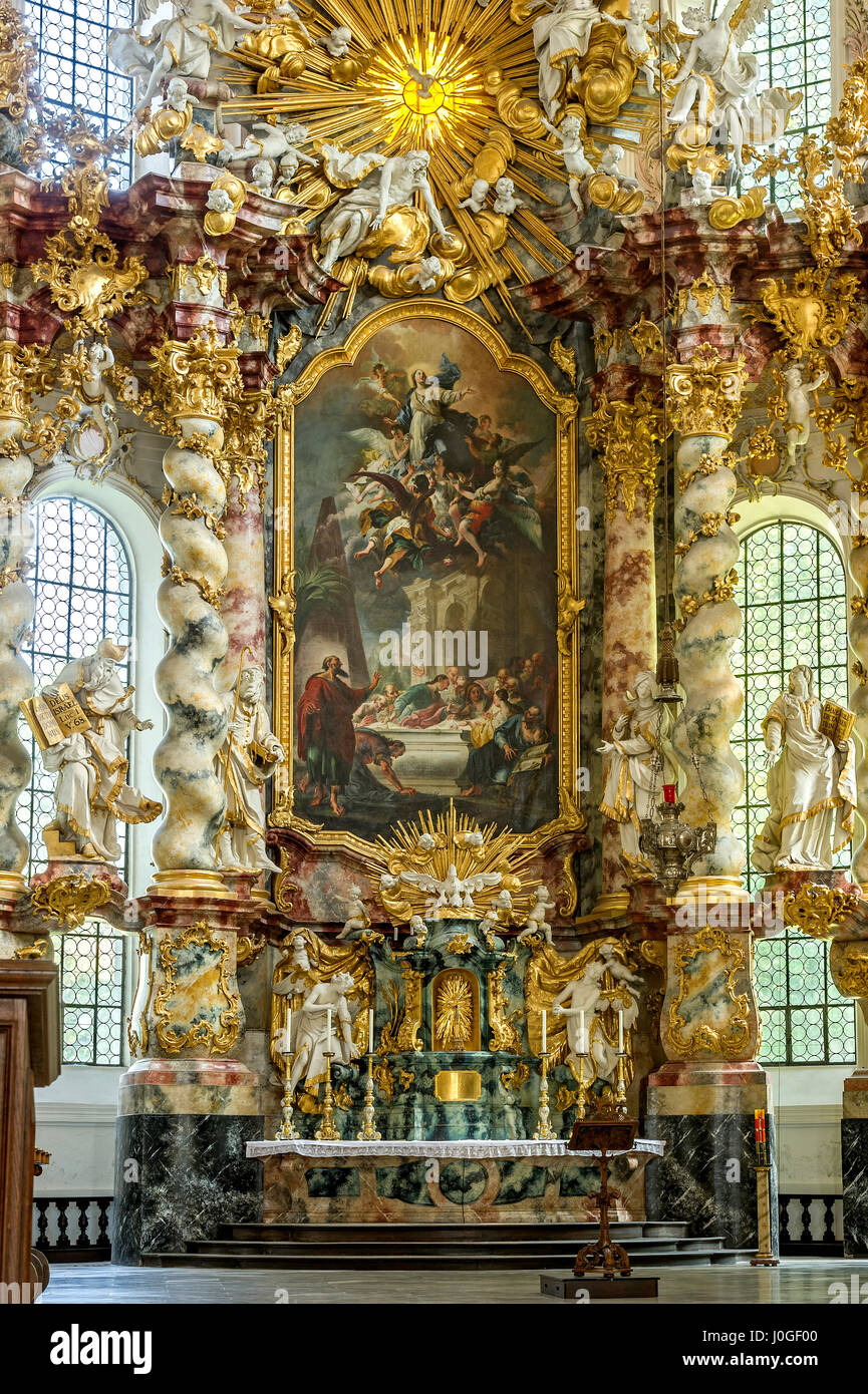 Altare maggiore, coro, barocco monastero chiesa Mariä assunta, Santa Maria, interno, Kloster Fürstenfeld, Fürstenfeldbruck Foto Stock