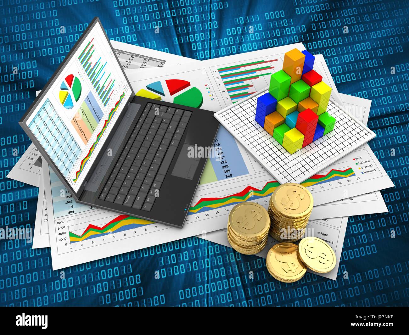 3d illustrazione di documenti aziendali e personal computer su sfondo digitale con grafico Foto Stock