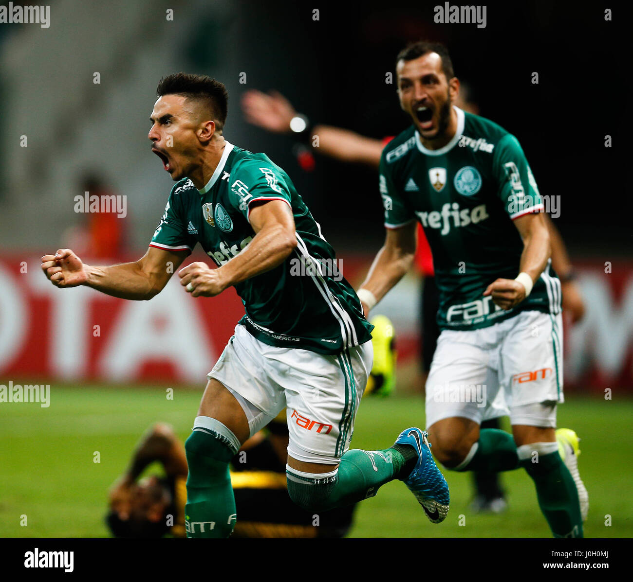 SÃO PAULO, SP - 12.04.2017: PALMEIRAS X PEñAROL - Willian do Palmeiras celebra dopo rigature durante l'avviamento equalizzatore tra Palmeiras x Peñarol (Uruguay) valido per il terzo turno della fase a gironi della Copa Libertadores gruppi Bridgestone presso Allianz Parco nel quartiere barra fondato, a ovest della capitale. (Foto: Marcelo Machado de Melo/Fotoarena) Foto Stock