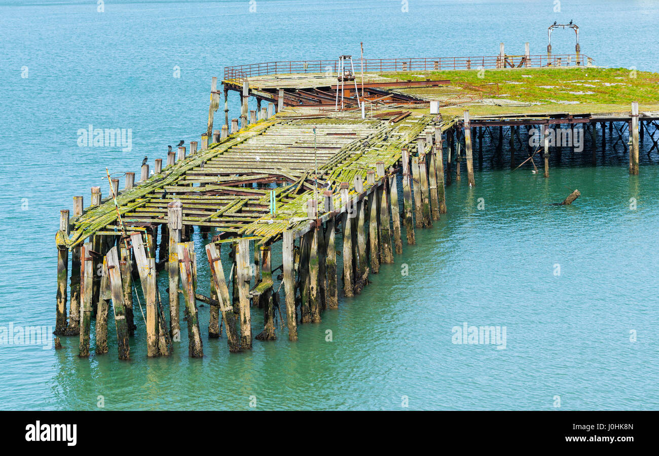 Abbandonata la putrefazione molo in legno in mare sul Solent. Foto Stock