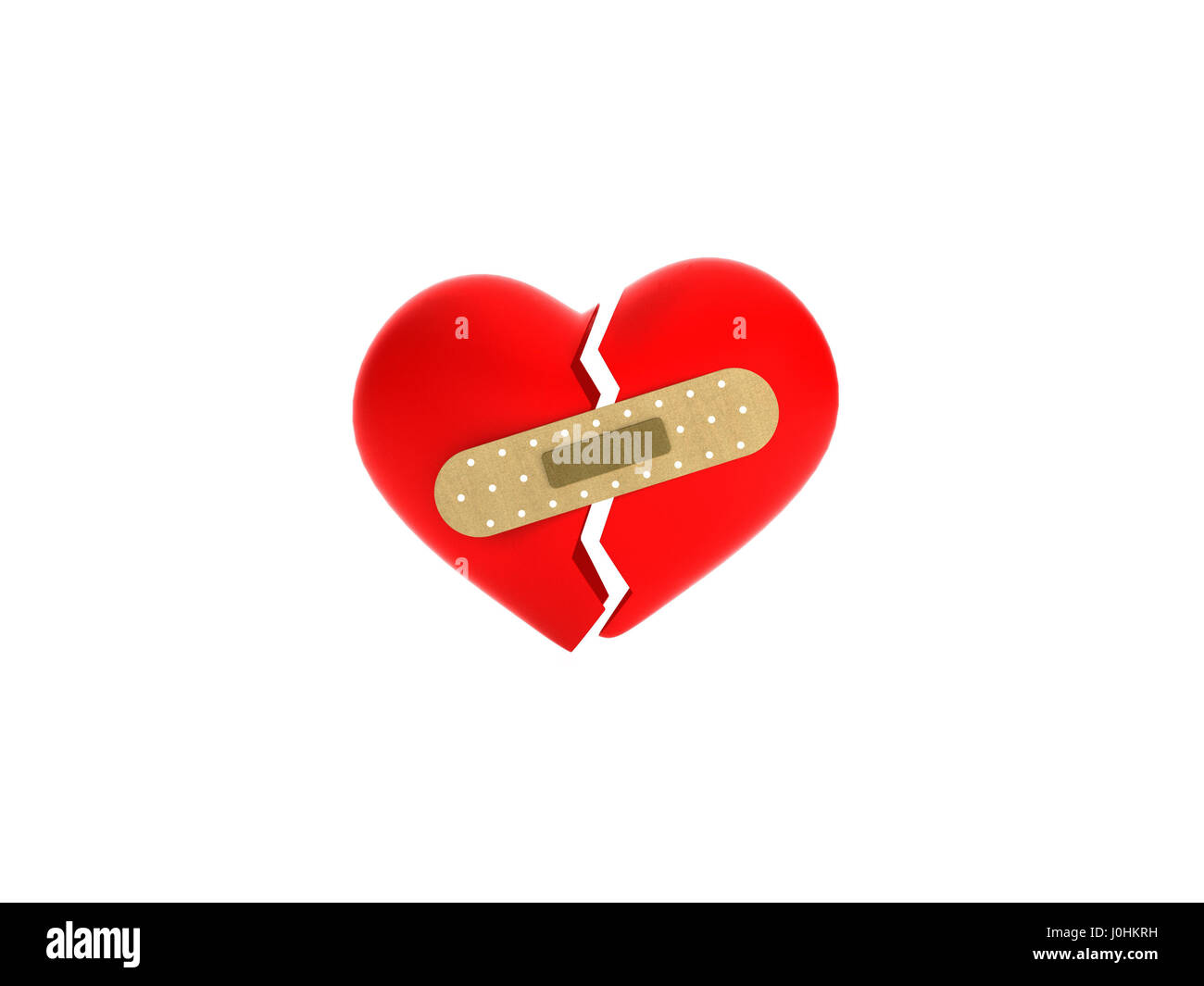 La forma di Rosso cuore spezzato isolato con cerotto su sfondo bianco, rendering 3D Foto Stock
