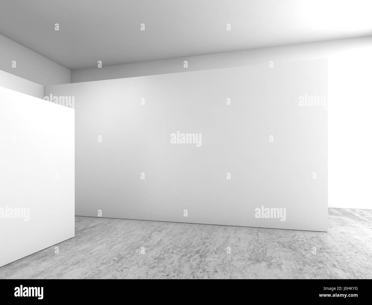 Abstract interno vuoto, pareti bianche installazione sul pavimento di cemento, spazio aperto di stile contemporaneo design di architettura, 3d illustrazione Foto Stock