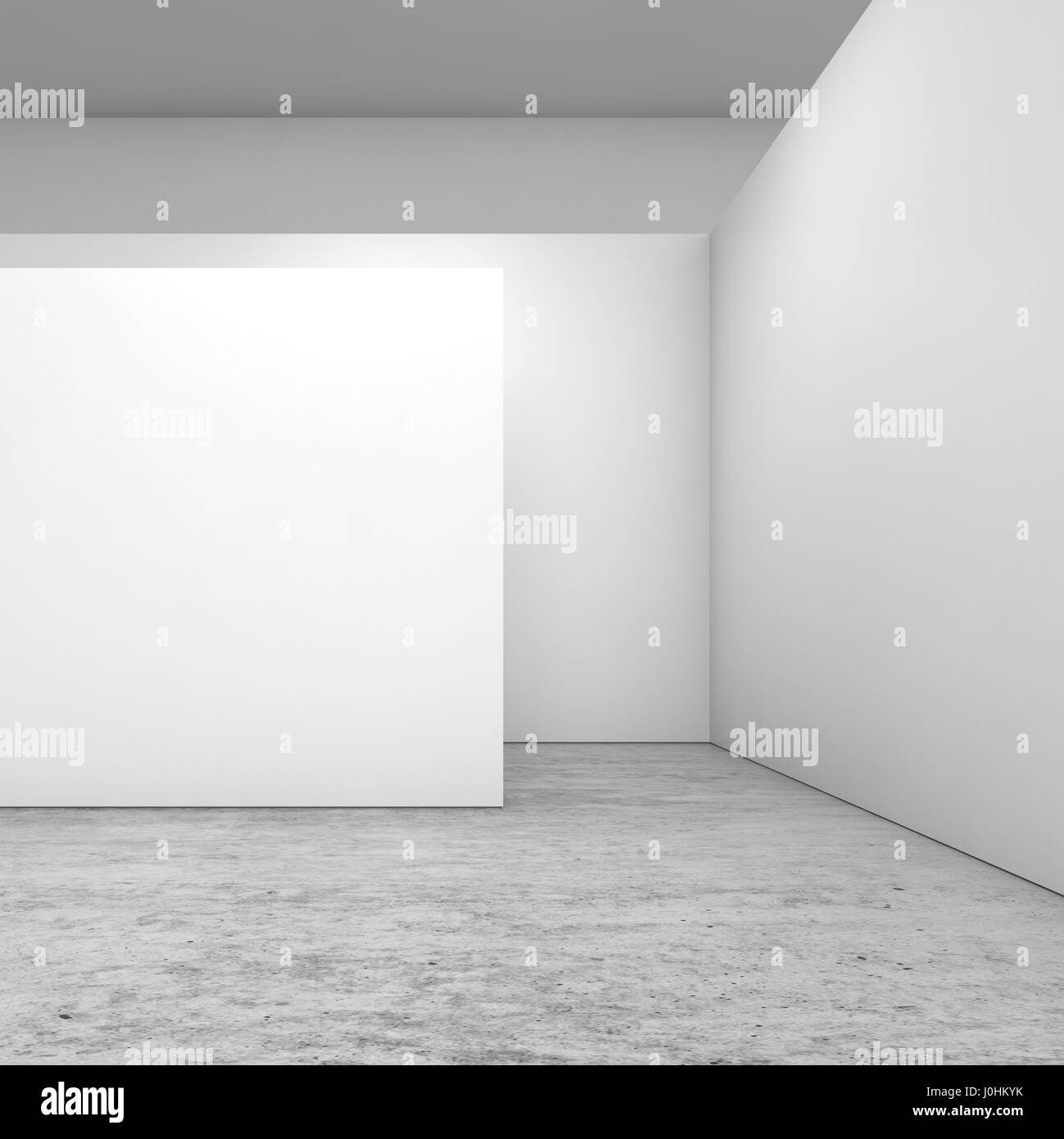 Abstract interno vuoto, pareti bianche installazione sul pavimento di cemento, spazio aperto di stile contemporaneo design di architettura. Square 3d illustrazione Foto Stock