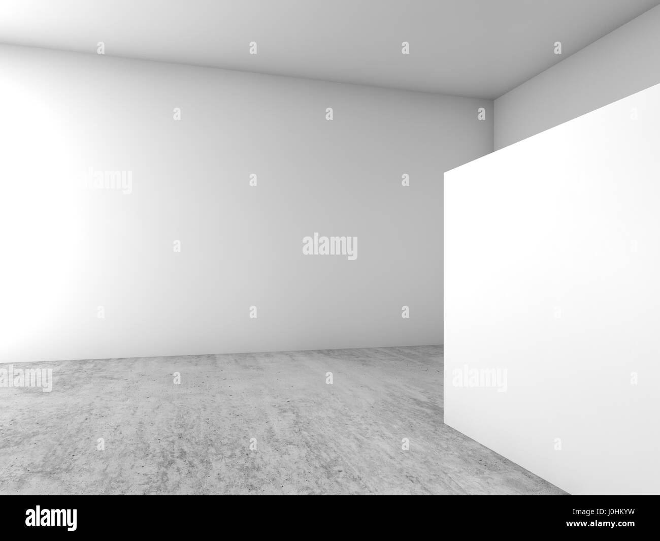 Abstract interno vuoto, sfondo bianco banner bianco sorge su un pavimento di calcestruzzo, spazio aperto architettura design. 3d illustrazione Foto Stock