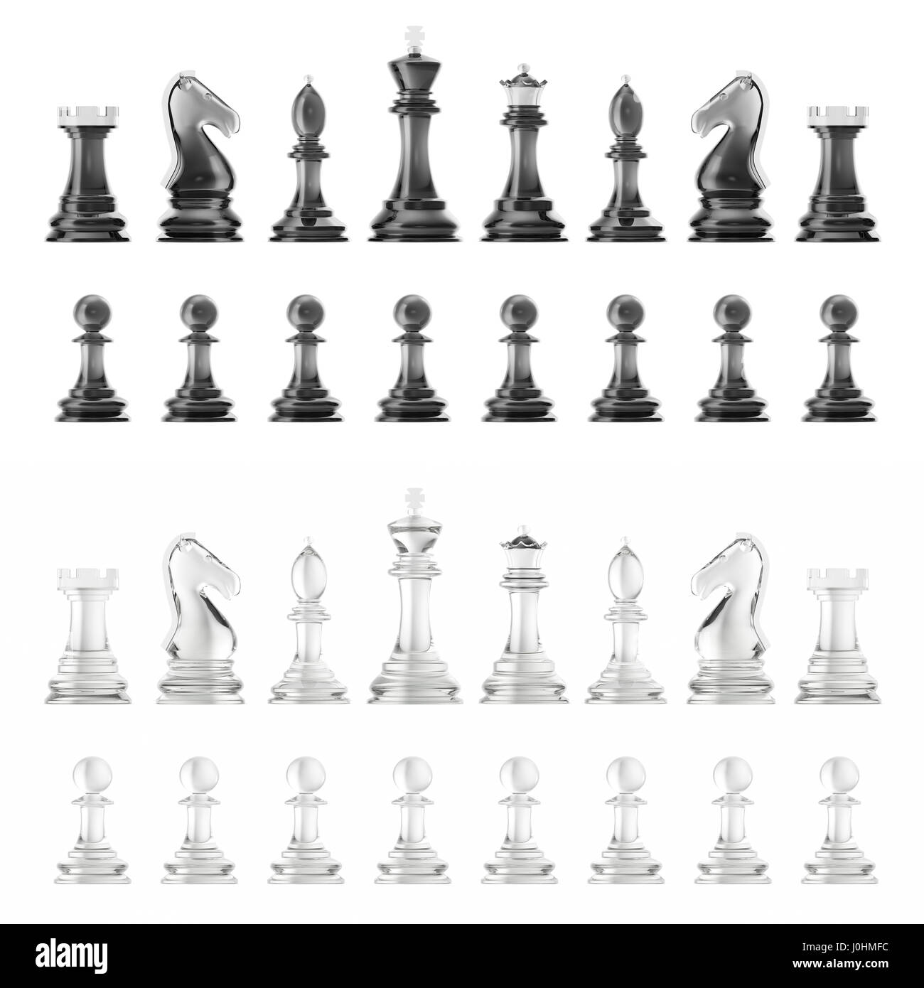 Set trasparente di icone scacchi, isolati su sfondo bianco, gioco intelligente, rendering 3D Foto Stock