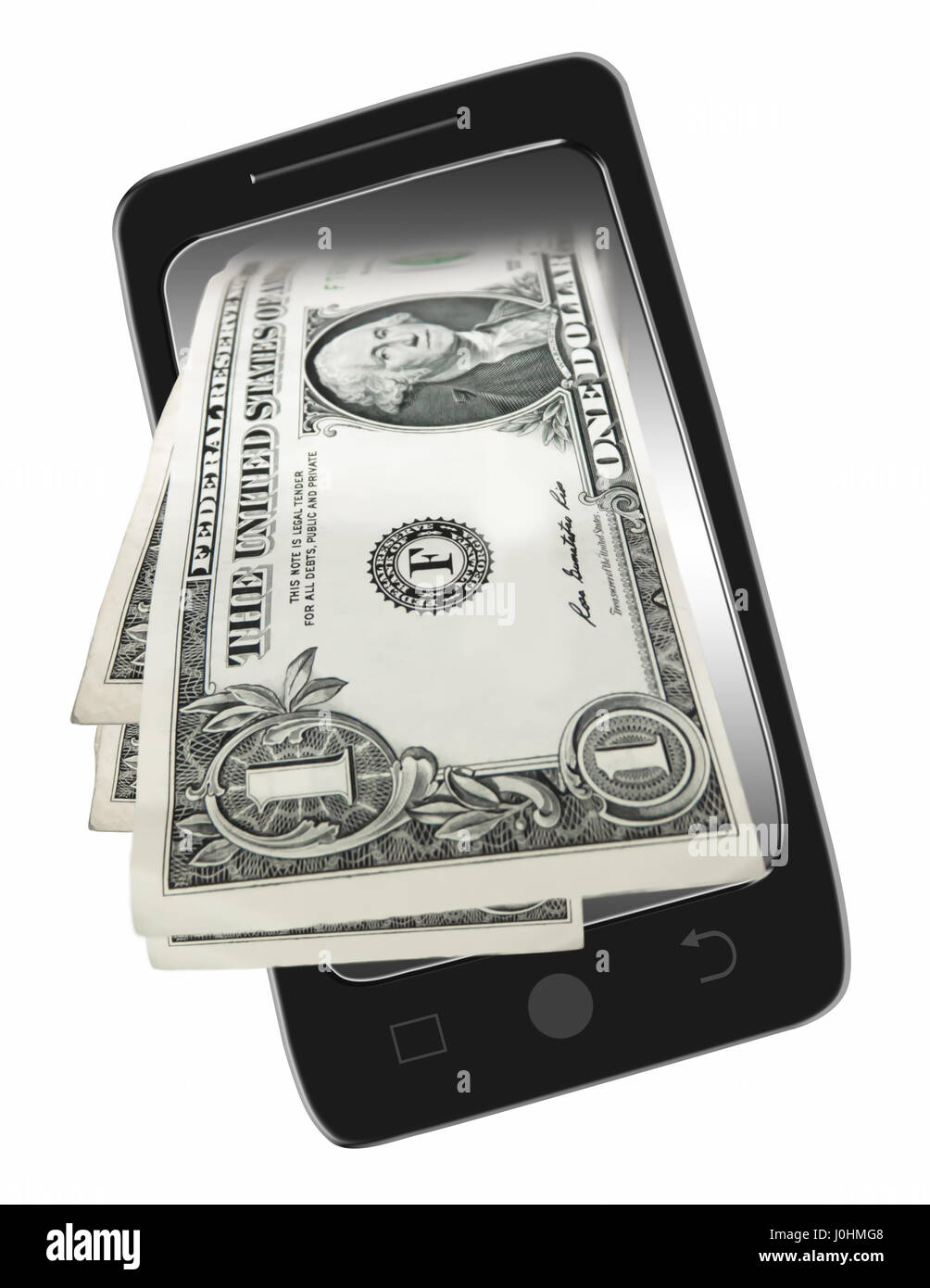 Il denaro proveniente da un telefono cellulare come un ritiro in contanti. Che illustra un telefono mobile e uno le fatture del dollaro. Foto Stock