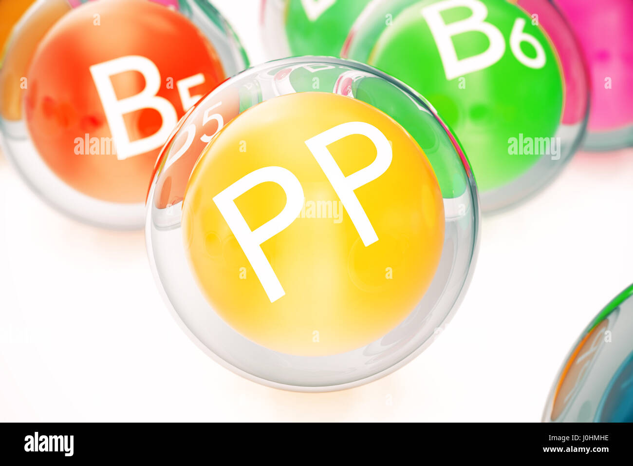 Vitamina PP , isolato su sfondo bianco. Simbolo di salute e longevità, rendering 3D Foto Stock