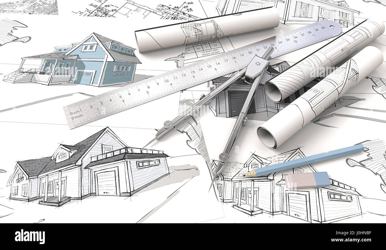 Vista superiore della casa di architettura blueprint , disegni e schizzi. Rotoli, Righello matita, Eraser e divisore di metallo.3D render. Foto Stock