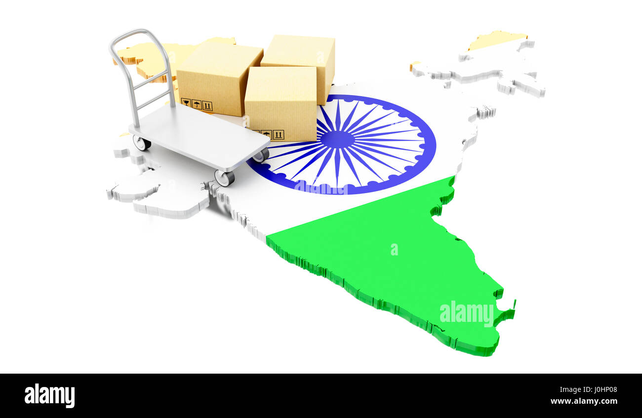 3D renderer immagine. Mappa di India con scatole di cartone e il carrello. Spedizione globale e shopping on line concept. Isolato sfondo bianco Foto Stock