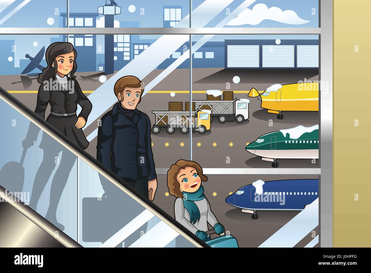 Una illustrazione vettoriale della famiglia che va in vacanza in aeroporto Illustrazione Vettoriale