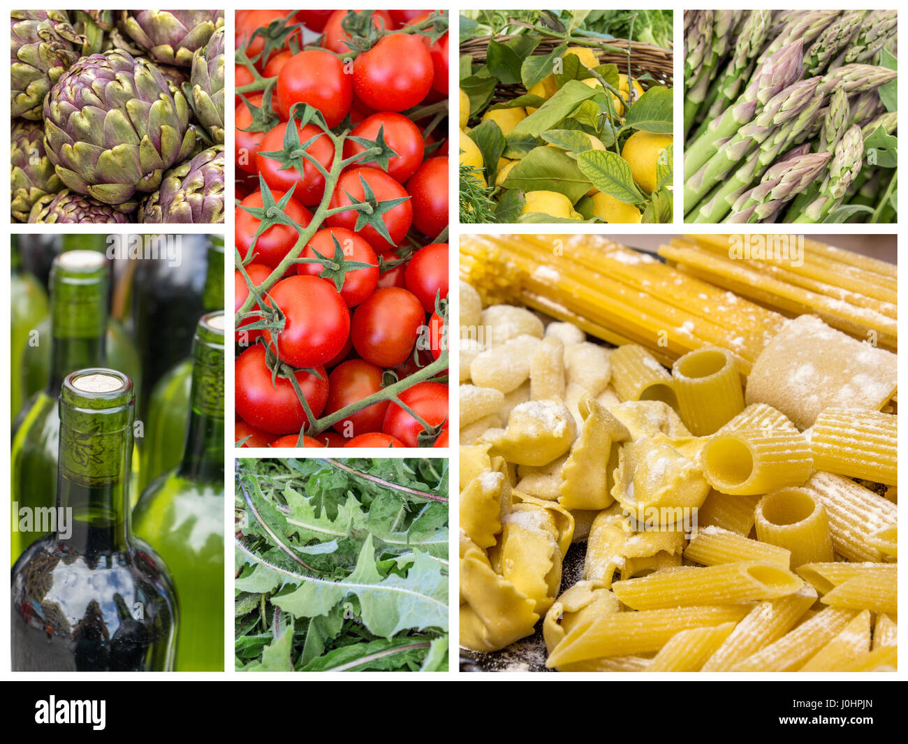 Collage con pasta, il vino e le verdure Foto Stock