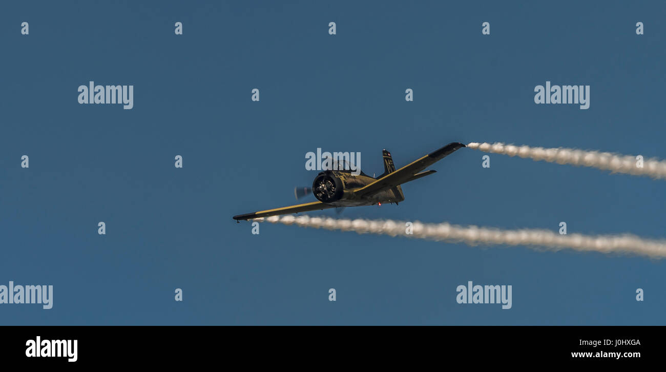 Maribor, Slovenia - 7 Aprile 2017: North American T-28B Trojan della Red Bull team display Flying tori eseguendo acrobazie aeree a formazione annuale Foto Stock