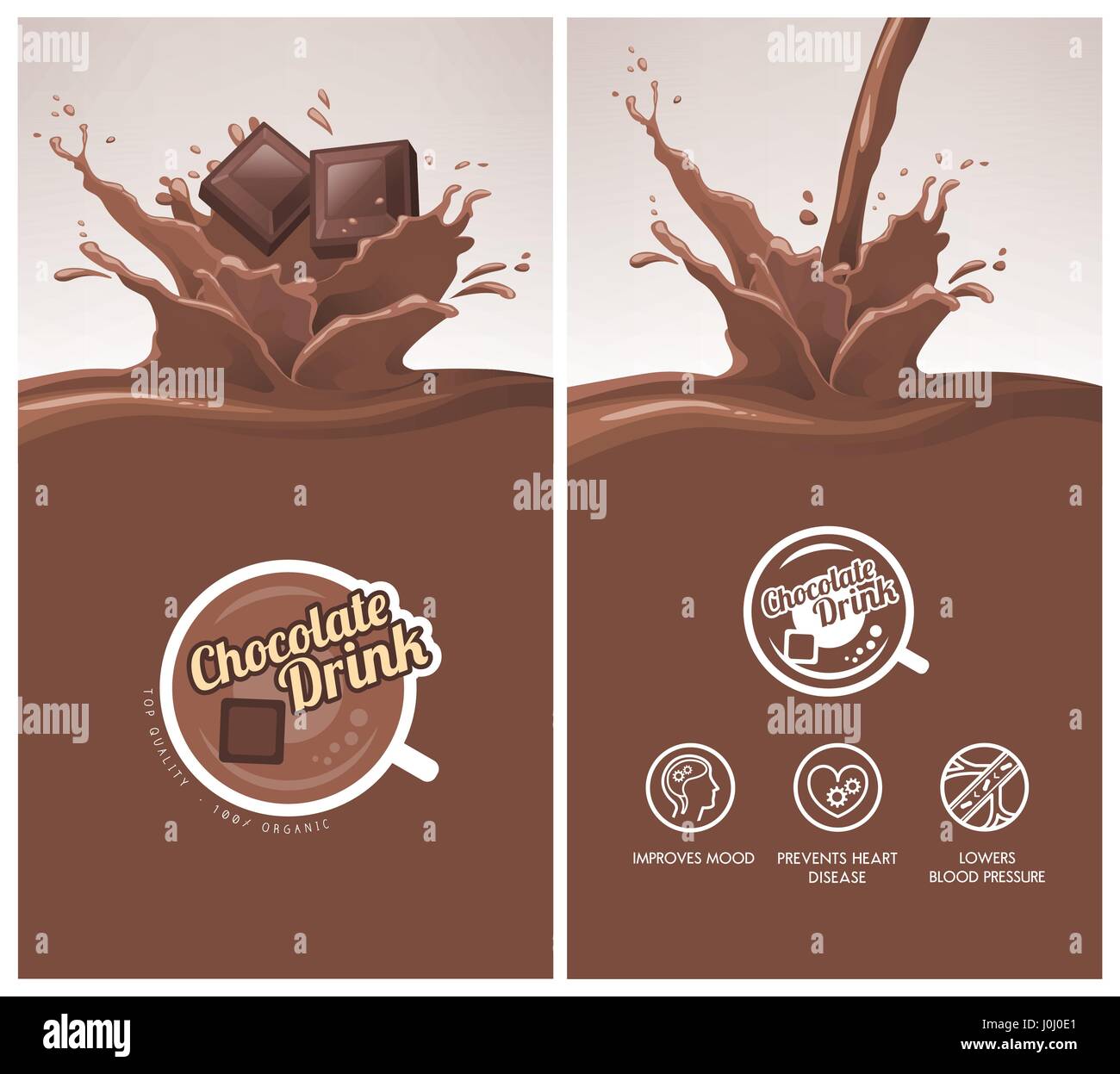 Cioccolata calda bevanda con menu splash, quadrati di cioccolato che rientrano, icone e badge Illustrazione Vettoriale