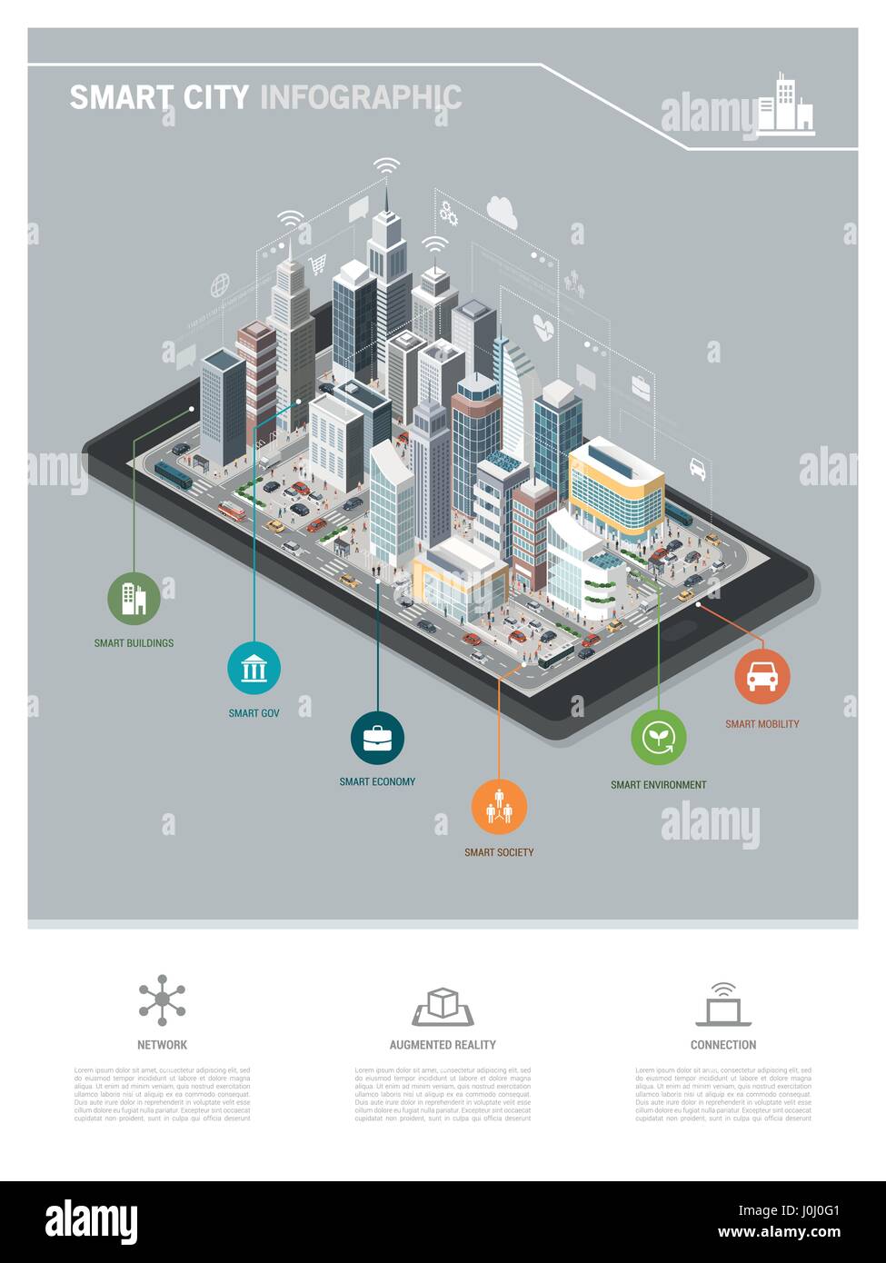 Isometrica contemporanea smart city su una tavoletta digitale Una infografica con grattacieli, di persone e di veicoli Illustrazione Vettoriale