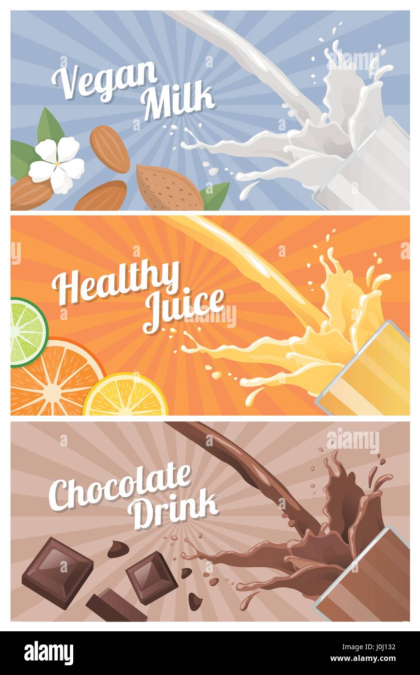 Un sano naturale vegetariana bevande set di banner con vetro: latte di mandorla, Succo d'arancia e cioccolato fondente Illustrazione Vettoriale