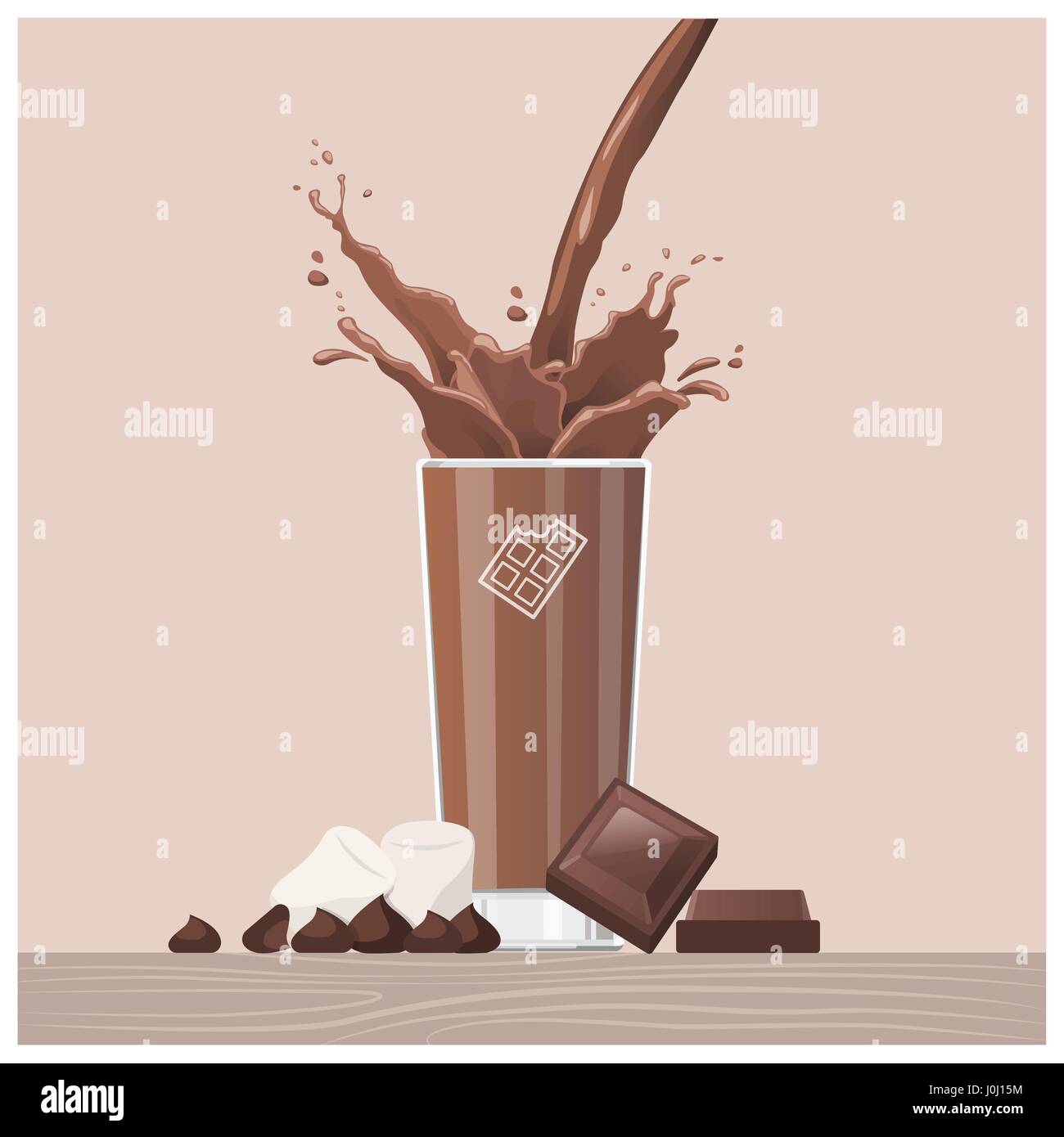 Gustoso cioccolato versando in un bicchiere con quadrati di cioccolato e marshmallows, deliziosa sorpresa Illustrazione Vettoriale