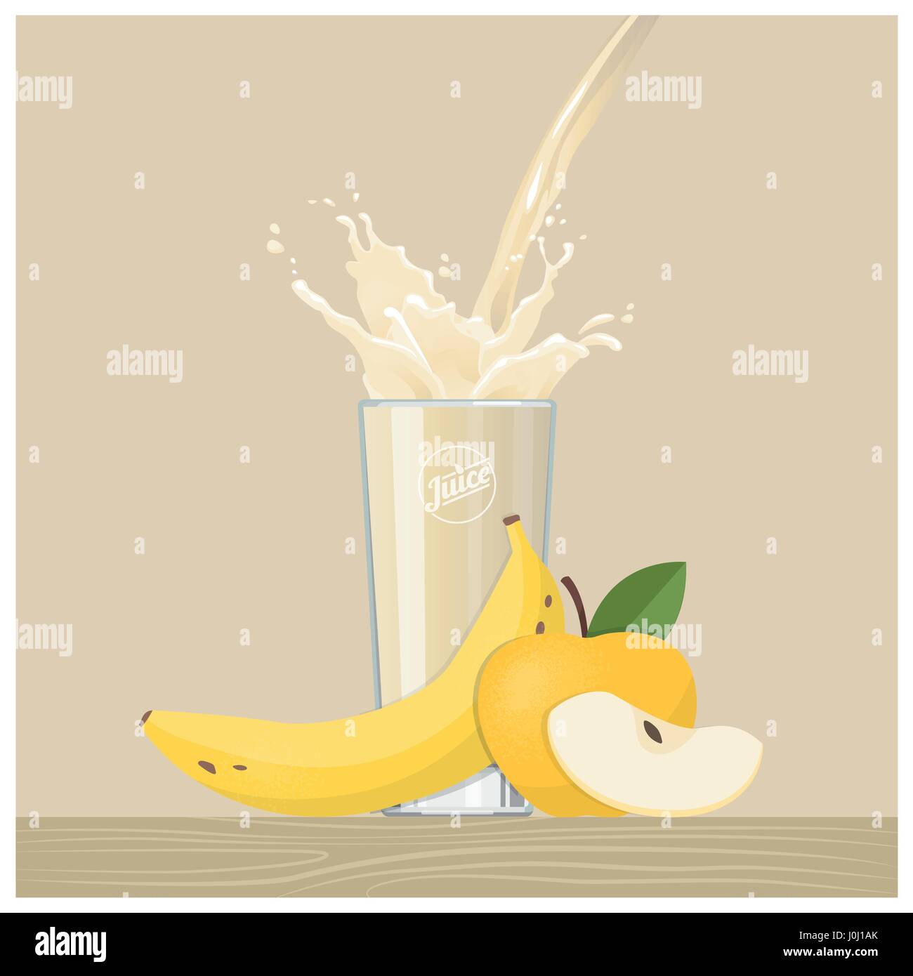 Banana e succo di mela versando in un bicchiere, frullato sano e concetto di bevande Illustrazione Vettoriale