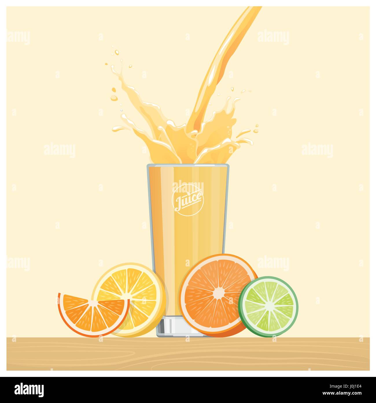 Succo di arancia versando in un bicchiere con fettine di arancia e limone e lime, bevande salutari concept Illustrazione Vettoriale