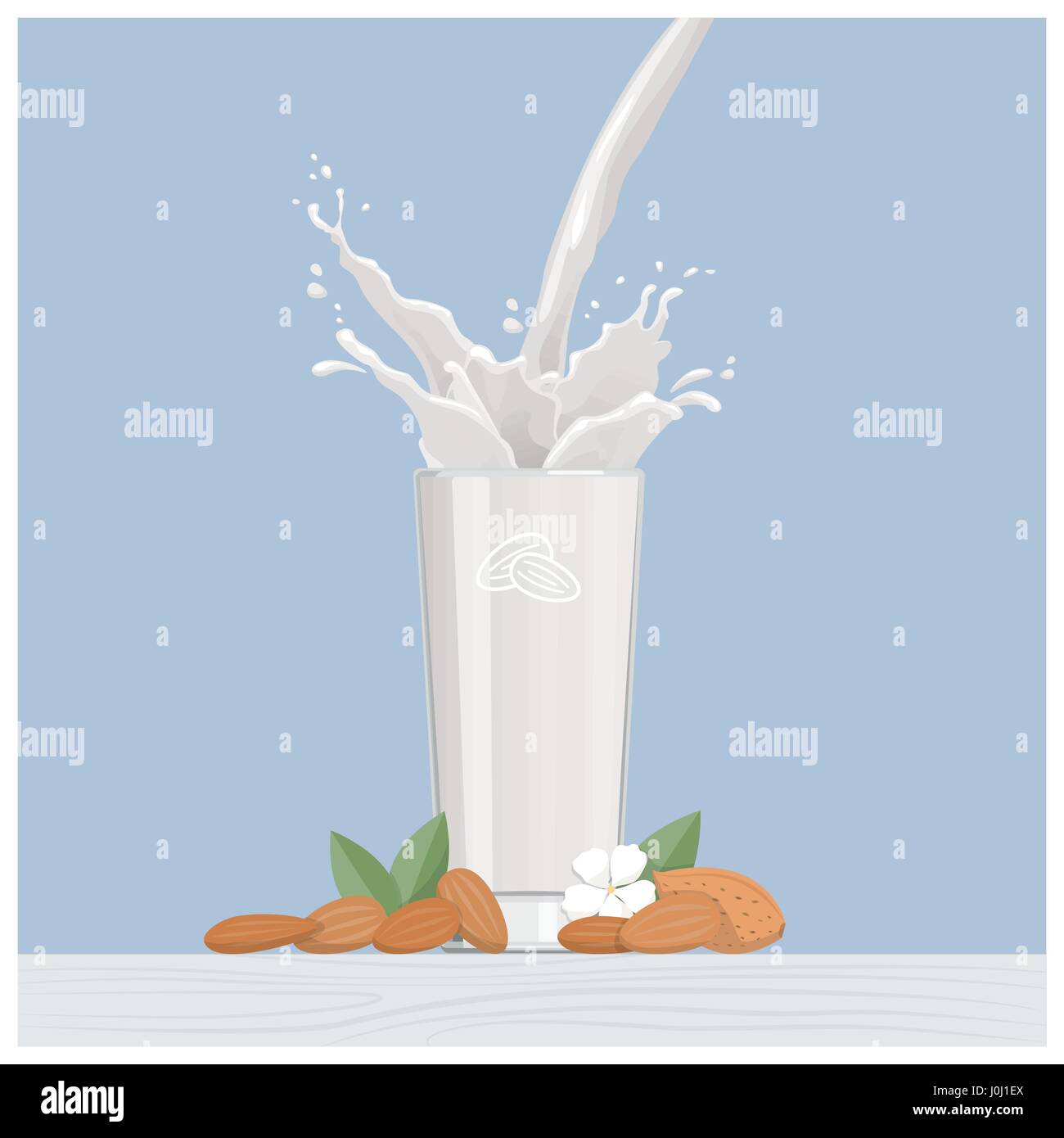 Mandorla dolce latte vegano versando in un bicchiere con i kernel di mandorla e fiore e sana alimentazione e nutrizione concept Illustrazione Vettoriale