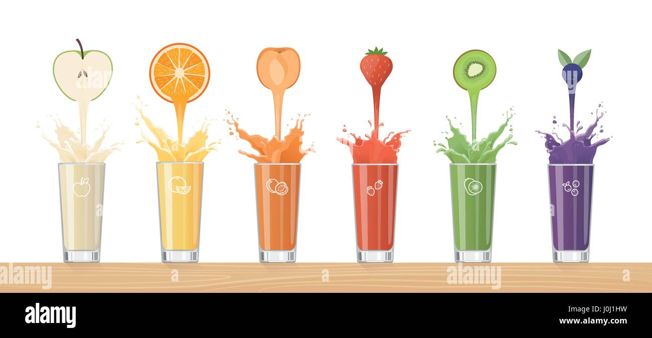 Fresco e salutare versare il succo di frutti saporiti in bicchieri e la composizione di un arcobaleno, bibite salutari e varietà nozione Illustrazione Vettoriale