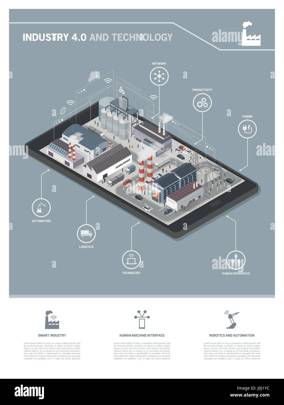 Isometrica parco industriale con le persone e i veicoli su uno smartphone, industria 4.0 e la realtà aumentata concept Illustrazione Vettoriale