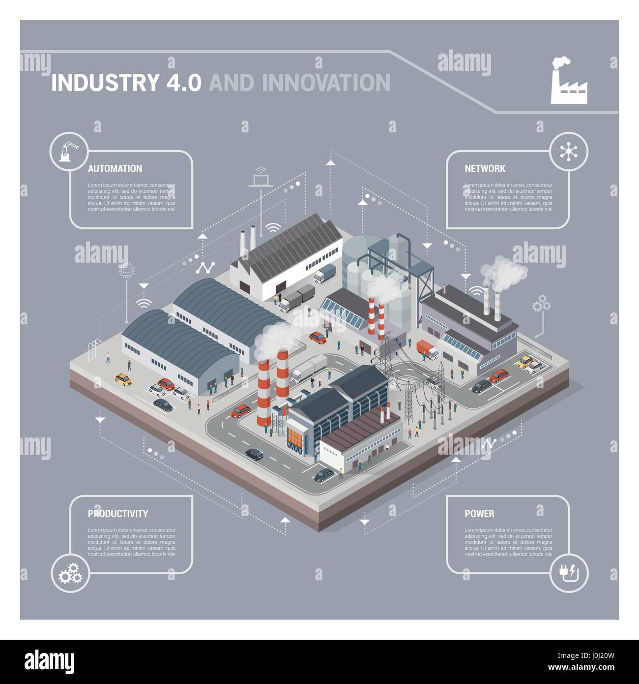 Vista isometrica contemporaneo parco industriale con fabbriche, Power Plant, lavoratori e trasporti: industria 4.0 Una infografica Illustrazione Vettoriale