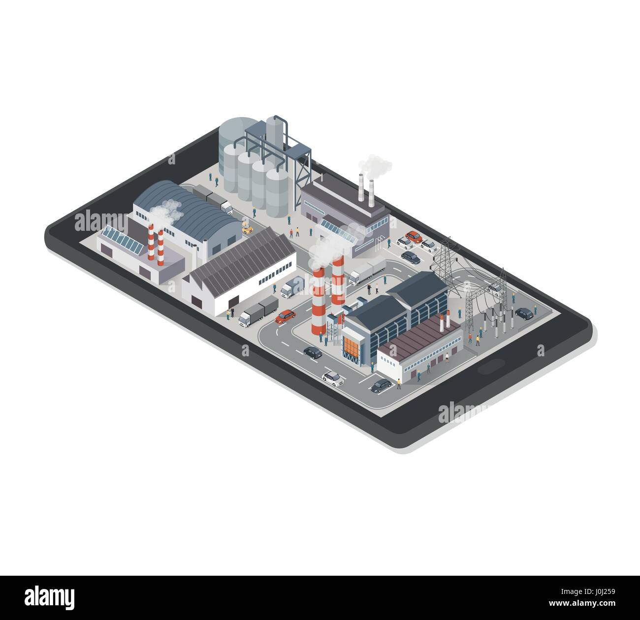 Isometrica parco industriale area con fabbriche, Power Plant e persone su uno smartphone, industria e la realtà aumentata concept Illustrazione Vettoriale