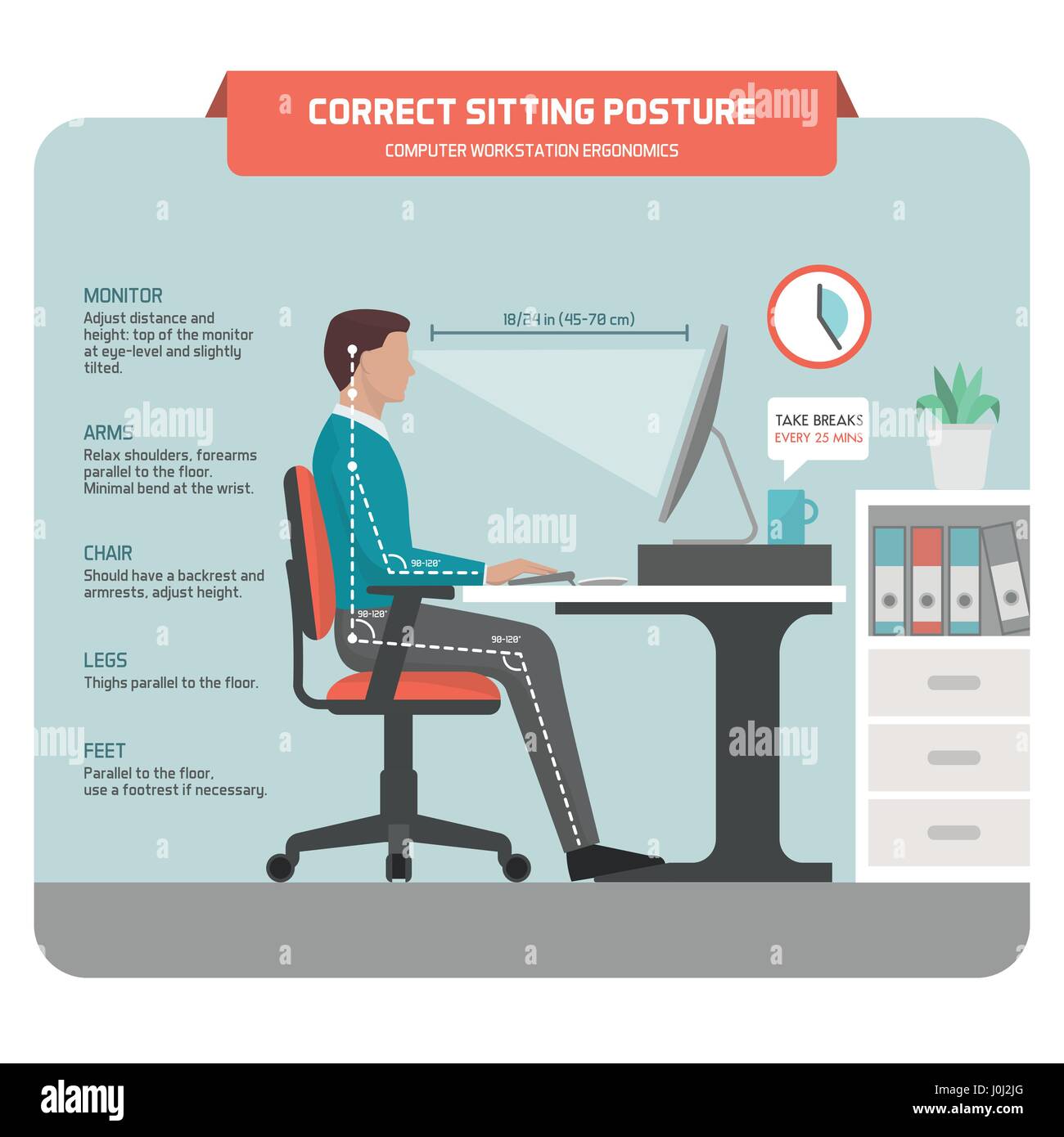 Correggere seduto alla scrivania ergonomia della postura: lavoratore di ufficio utilizzando un computer e migliorare la sua postura Illustrazione Vettoriale