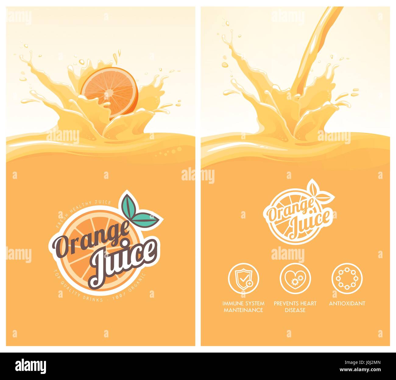 Menu di bevande con sani succhi di arancia splash, frutta, icone e badge di agrumi Illustrazione Vettoriale