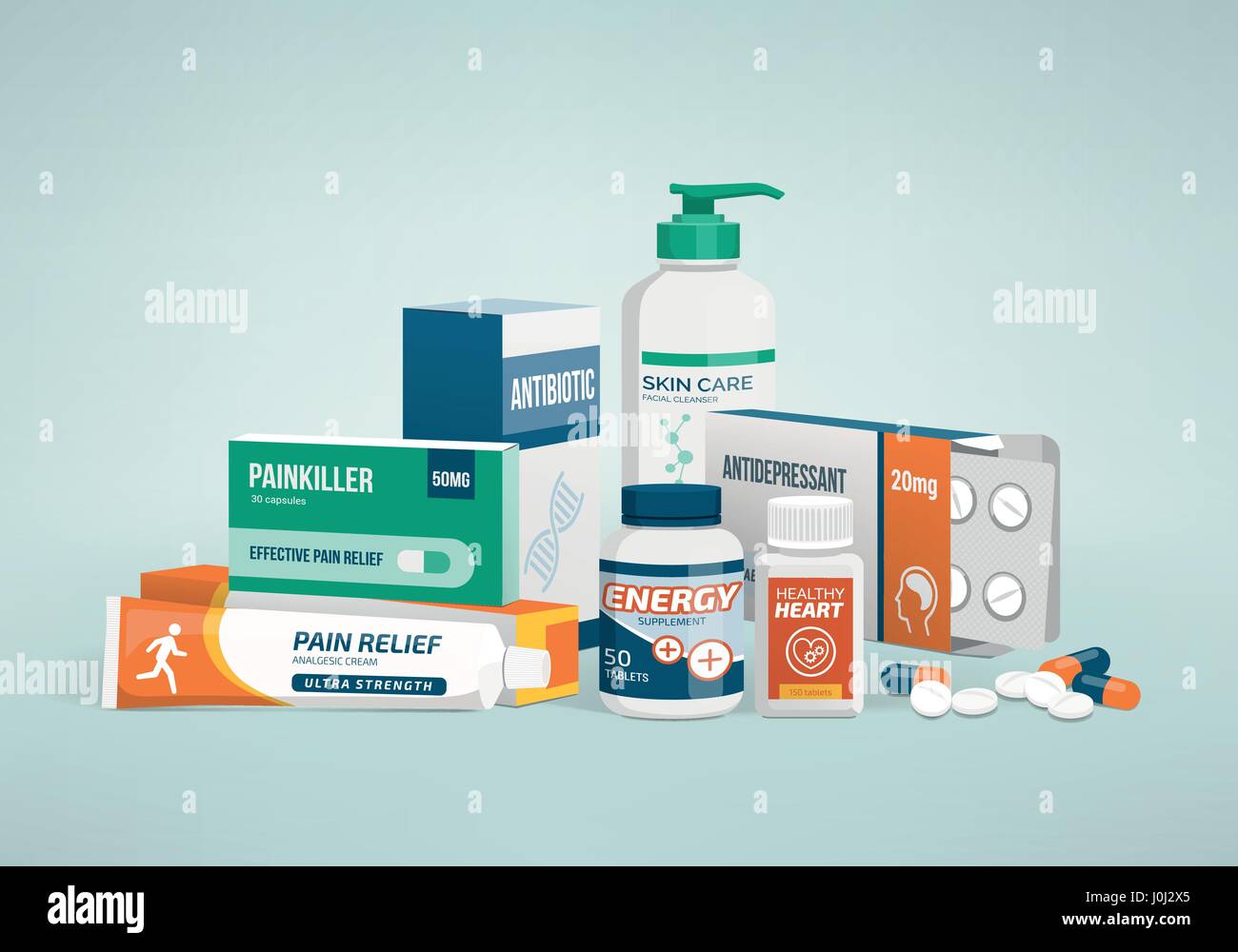 Salute, medicina e tipi di farmaci, gli imballaggi di prodotti farmaceutici Illustrazione Vettoriale