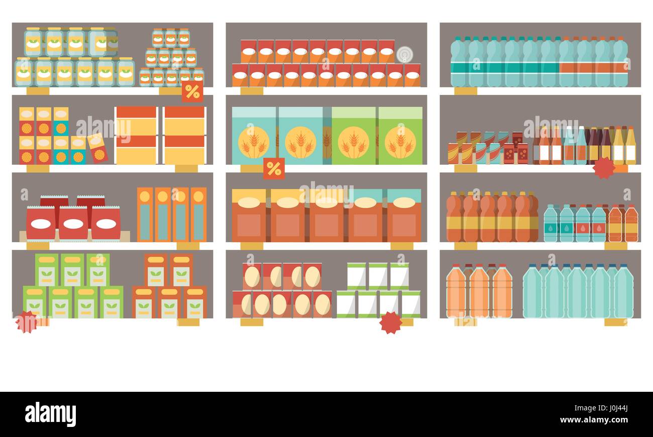 Negozio di generi alimentari oggetti su scaffali supermercato e offre, dello shopping e del concetto di vendita al dettaglio Illustrazione Vettoriale