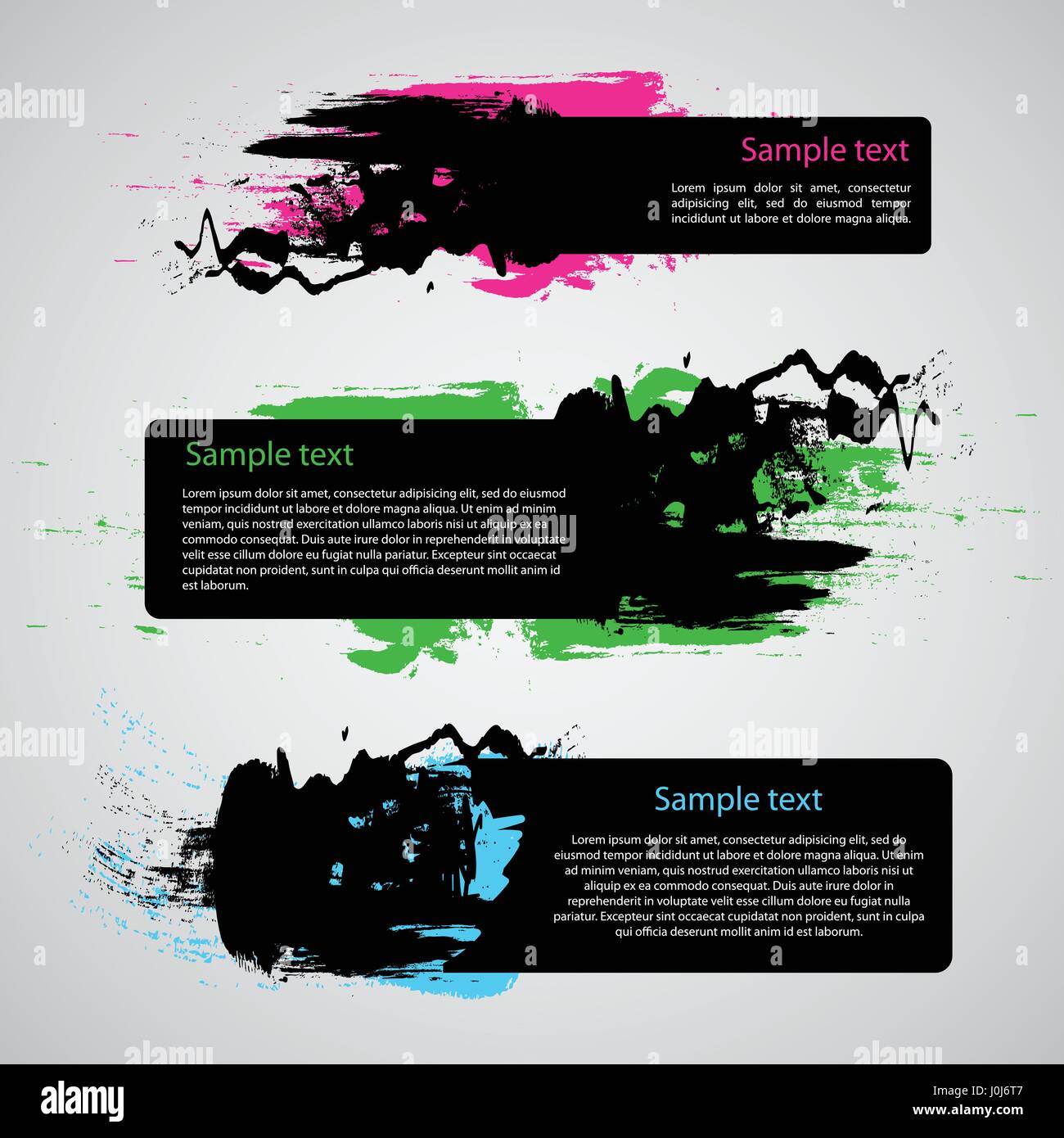 Set di tre Grungy etichette o Banners - Set di astratta colorata Round spruzzi di vernice Fumetti Concept Design - illustrazione vettoriale modificabile Illustrazione Vettoriale