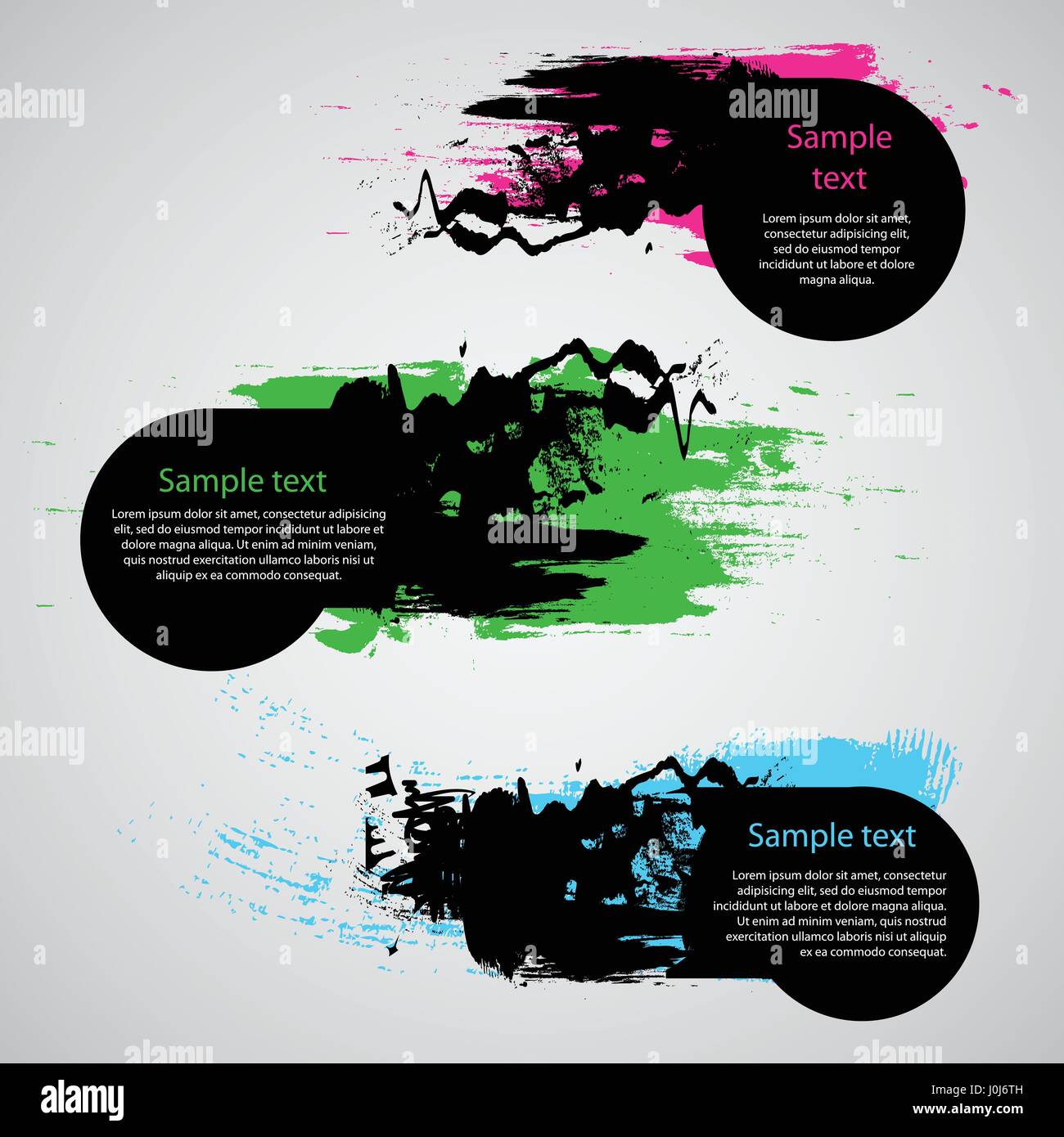 Set di tre Grungy etichette o Banners - Set di astratta colorata Round spruzzi di vernice Fumetti Concept Design - illustrazione vettoriale modificabile Illustrazione Vettoriale