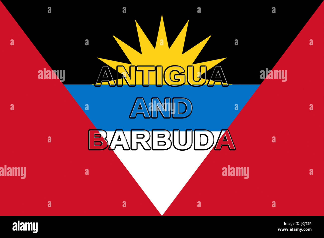 Illustrazione della bandiera di Antigua e Barbuda con il paese scritta sulla bandiera Foto Stock