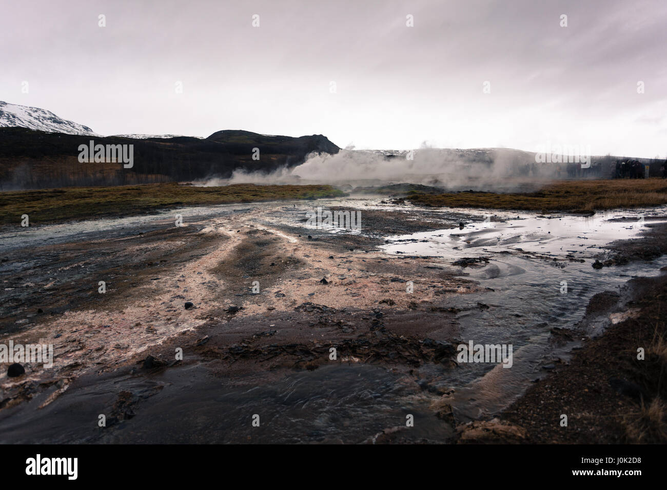 Un pennacchio di vapore flutti da una calda geotermica molla nel Golden Circle, western Islanda Foto Stock